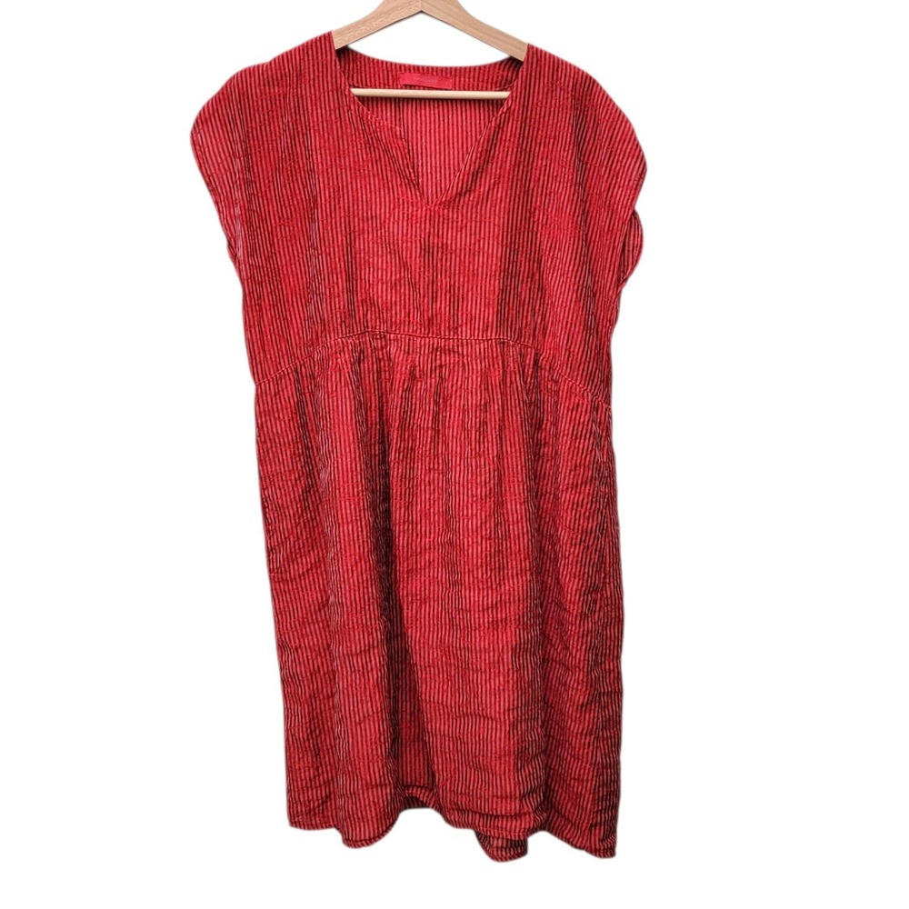 Cut‎ Loose Dress Red Lagenlook Knee Length Pockets Semi Sheer Tencel USA Large
